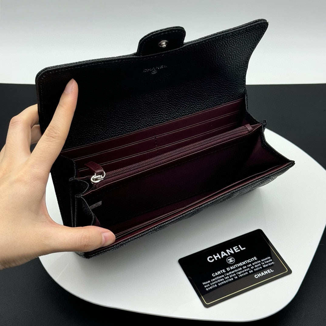 【シャネル】長財布 キャビアスキン ロングウォレット !ブラック