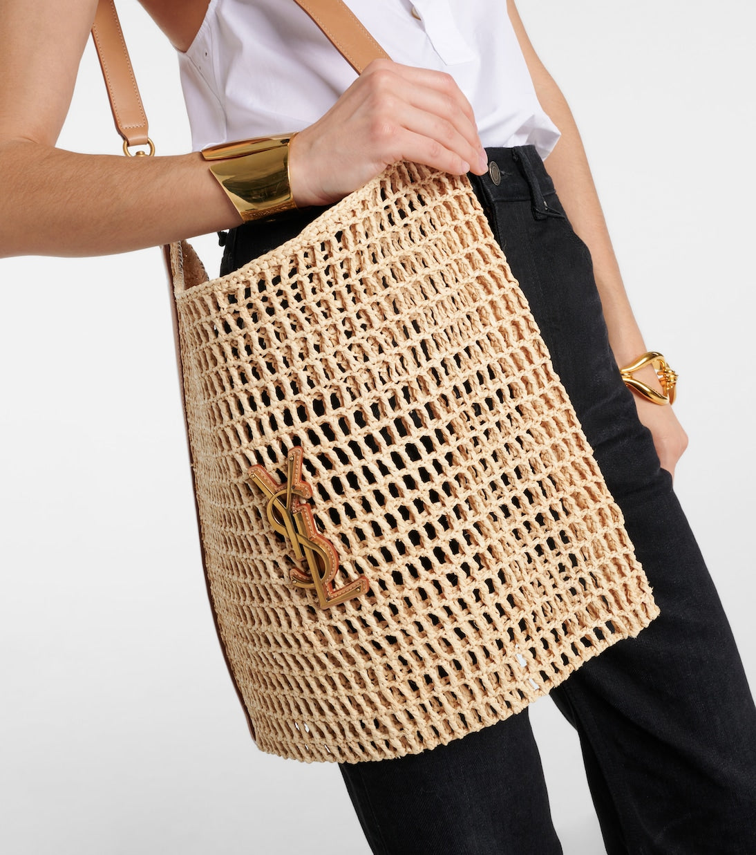 【サンローラン】パリ カサンドラ ラフィア×レザー ショルダーバッグ ベージュ